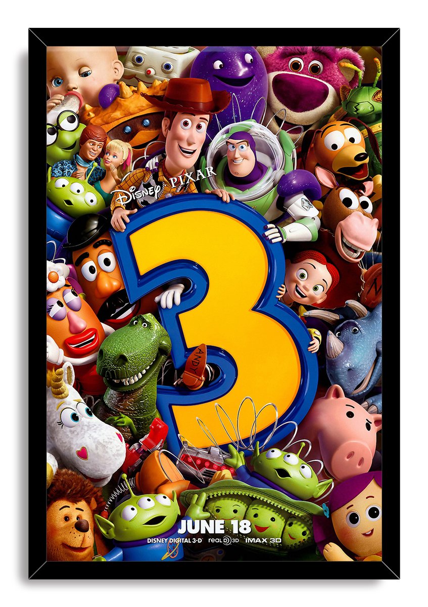 Toy Story 3 framed wall art print features Woody, Buzz Lightyear, Rex, Hamm and other toys around a yellow number 3.