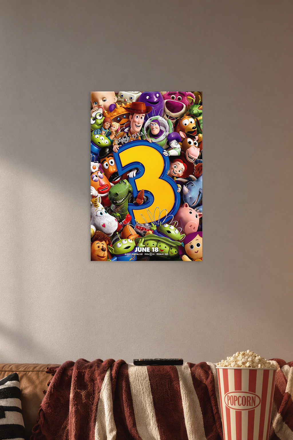 Toy Story 3 Characters in a cozy movie room above a brown sofa with popcorn.
