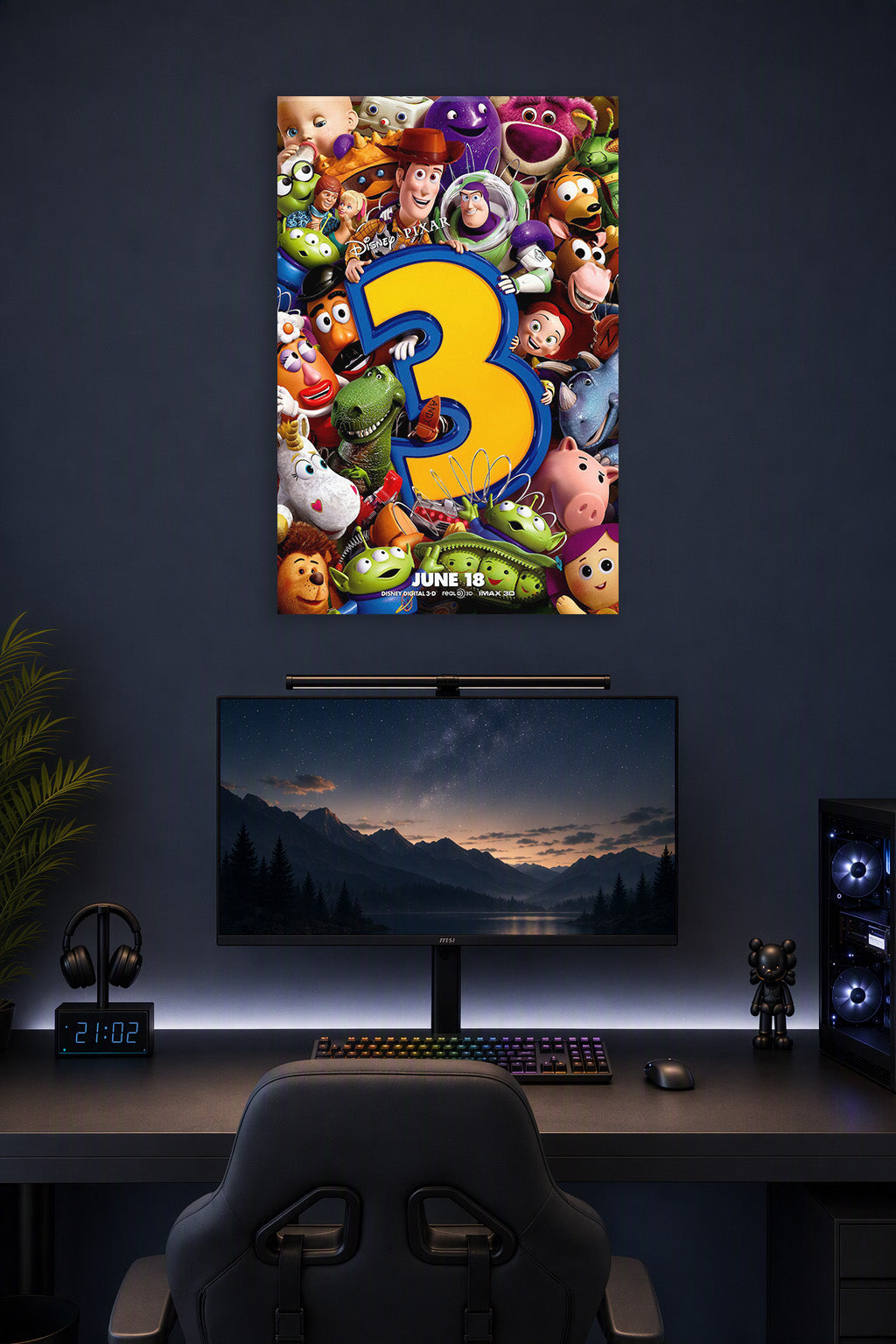 Toy Story 3 Characters in a gaming desk setup above a monitor.