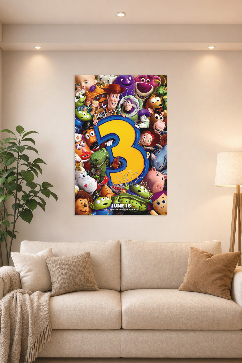 Toy Story 3 Characters in a bright living room above a beige sofa.