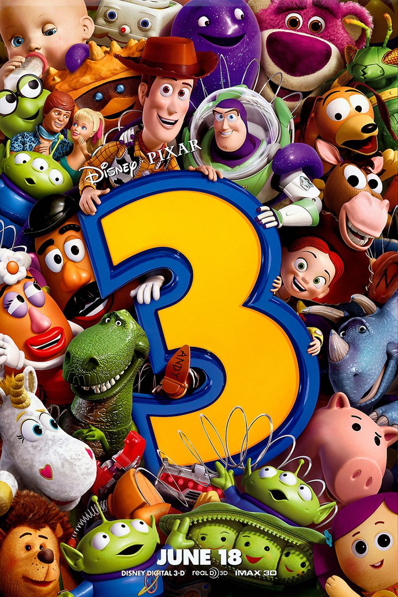 Toy Story 3 poster features Woody, Buzz Lightyear, Jessie and colorful toy characters surrounding a large yellow number 3.