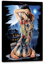 Japanese tattoo woman canvas print features a kneeling figure with colorful back tattoo, cascading water, moon, temple, and blue mountains.
