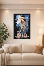 Traditional Japanese Tattoo Woman Bathing in a bright living room above a beige sofa.