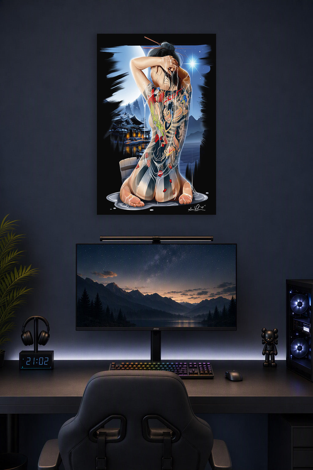 Traditional Japanese Tattoo Woman Bathing in a gaming desk setup above a monitor.