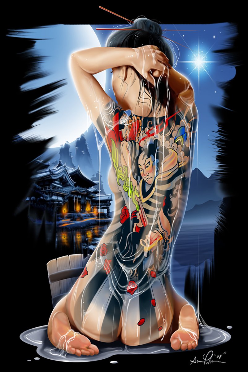 Japanese tattoo woman wall art print depicts a kneeling woman bathing beneath water streams, with moonlit temple and mountains.