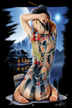 Japanese tattoo woman wall art print depicts a kneeling woman bathing beneath water streams, with moonlit temple and mountains.