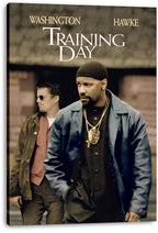 Training Day wall art print on canvas features Denzel Washington with a badge and Ethan Hawke in a muted urban scene.