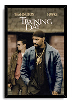 Training Day framed wall art print features Denzel Washington and Ethan Hawke beneath cream title lettering in a black frame.