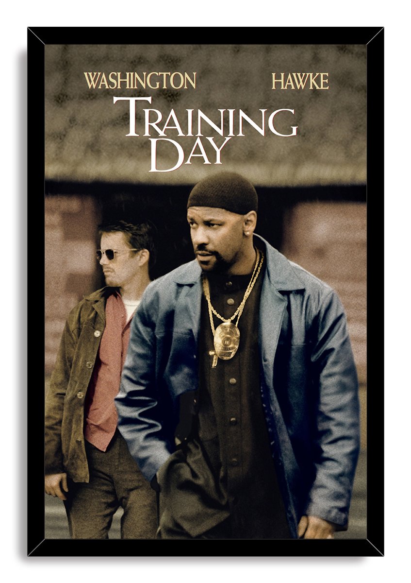 Training Day framed wall art print features Denzel Washington and Ethan Hawke beneath cream title lettering in a black frame.