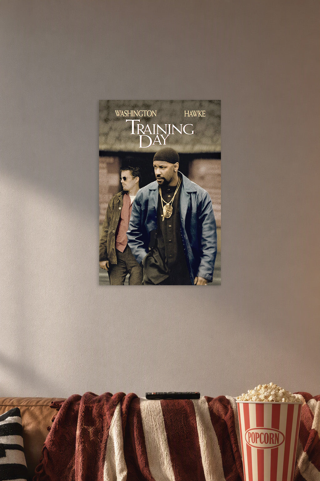 Training Day Movie Poster in a cozy movie room above a brown sofa with popcorn.