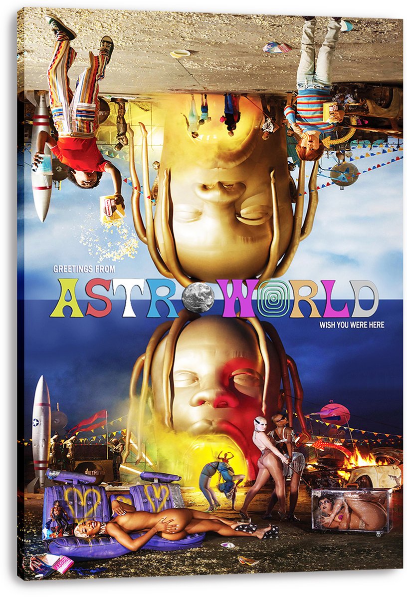 ASTROWORLD canvas wall art print featuring surreal upside-down people, golden faces, rockets, neon carnival scenes, and multicolored lettering.