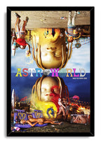 ASTROWORLD framed wall art print with giant golden heads, upside-down figures, a rocket, dancers, burning car, and vivid carnival details.