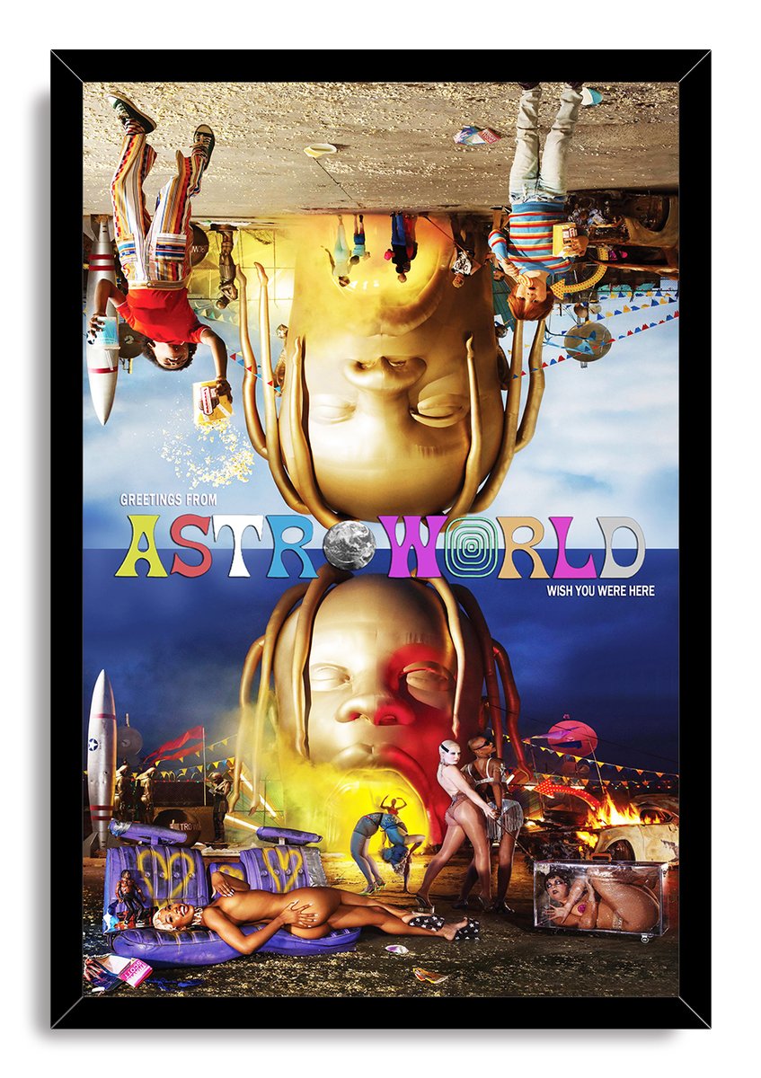 ASTROWORLD framed wall art print with giant golden heads, upside-down figures, a rocket, dancers, burning car, and vivid carnival details.