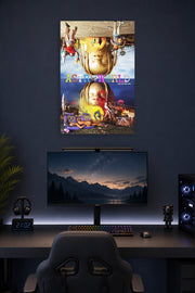 Travis Scott ASTROWORLD Album Cover in a gaming desk setup above a monitor.