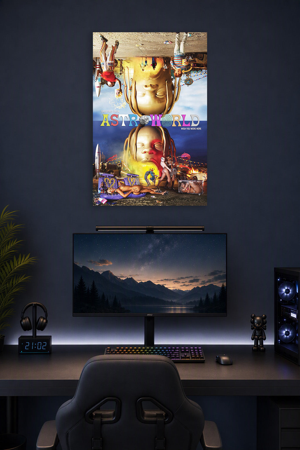 Travis Scott ASTROWORLD Album Cover in a gaming desk setup above a monitor.