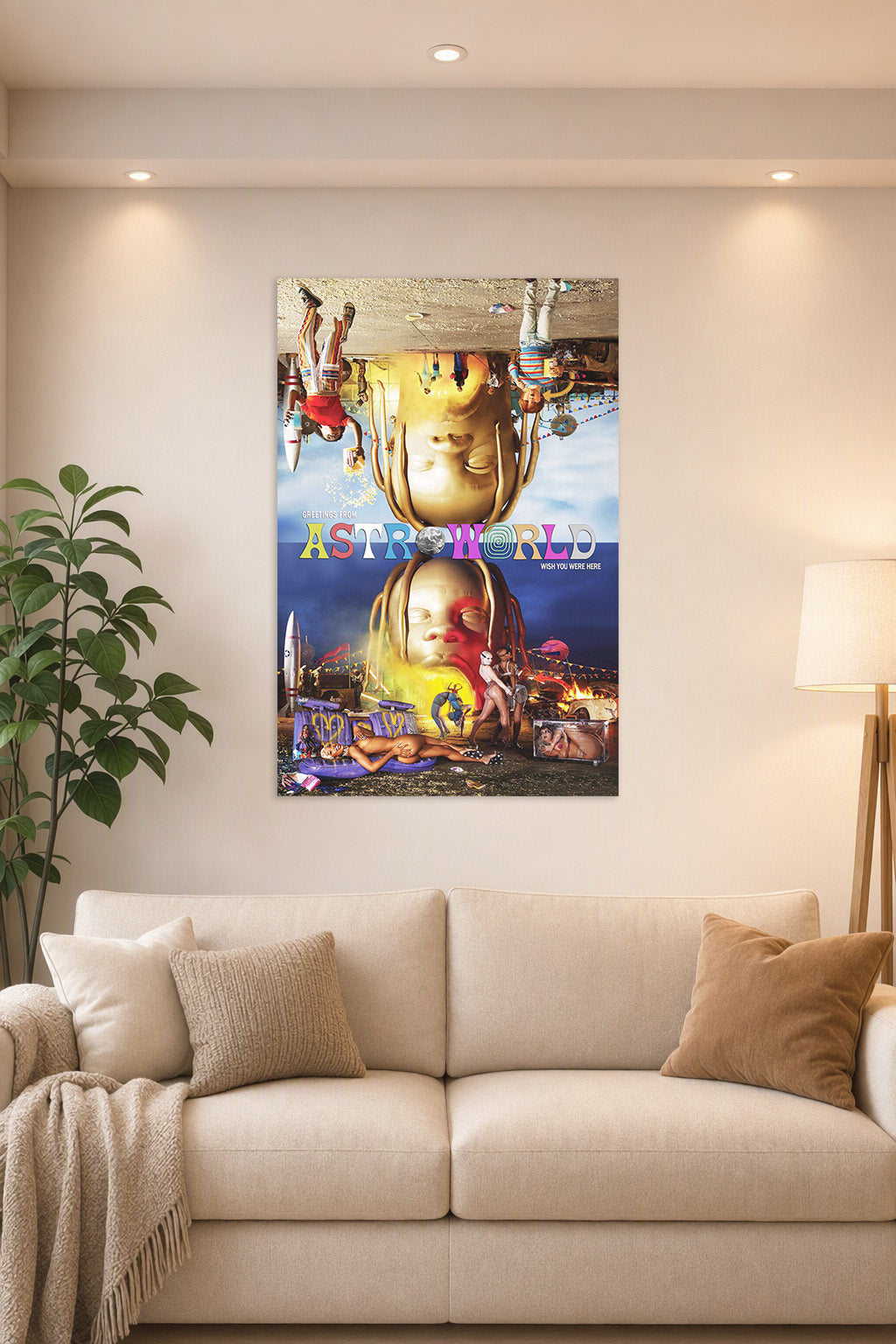 Travis Scott ASTROWORLD Album Cover in a bright living room above a beige sofa.