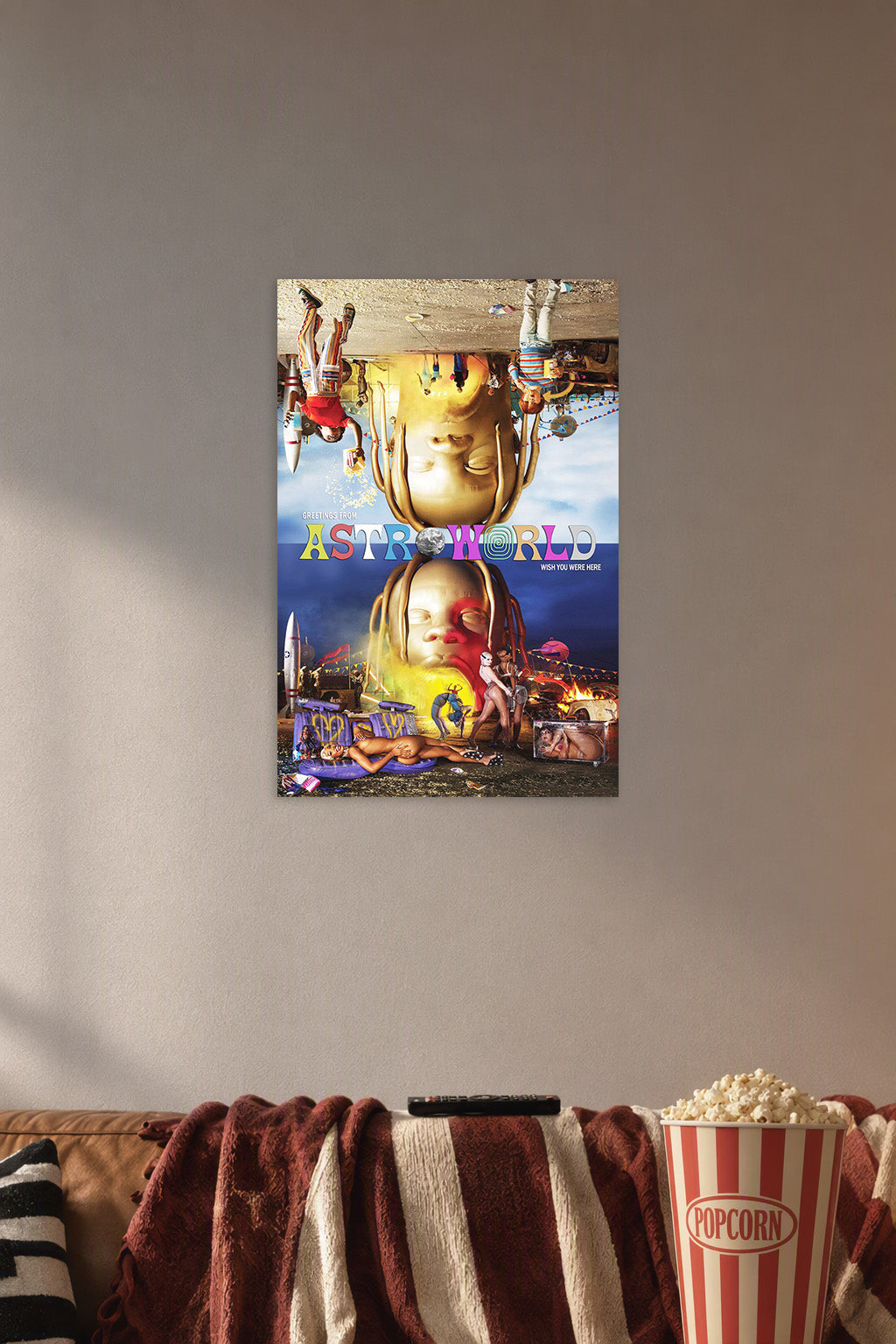 Travis Scott ASTROWORLD Album Cover in a cozy movie room above a brown sofa with popcorn.
