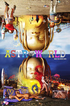 ASTROWORLD poster artwork with inverted figures above giant golden heads, carnival lights, rockets, dancers, and colorful title text.