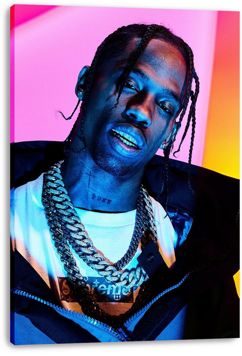 Travis Scott canvas wall art print featuring a close-up portrait, braids, grillz, chain necklaces and bold neon pink and orange lighting.