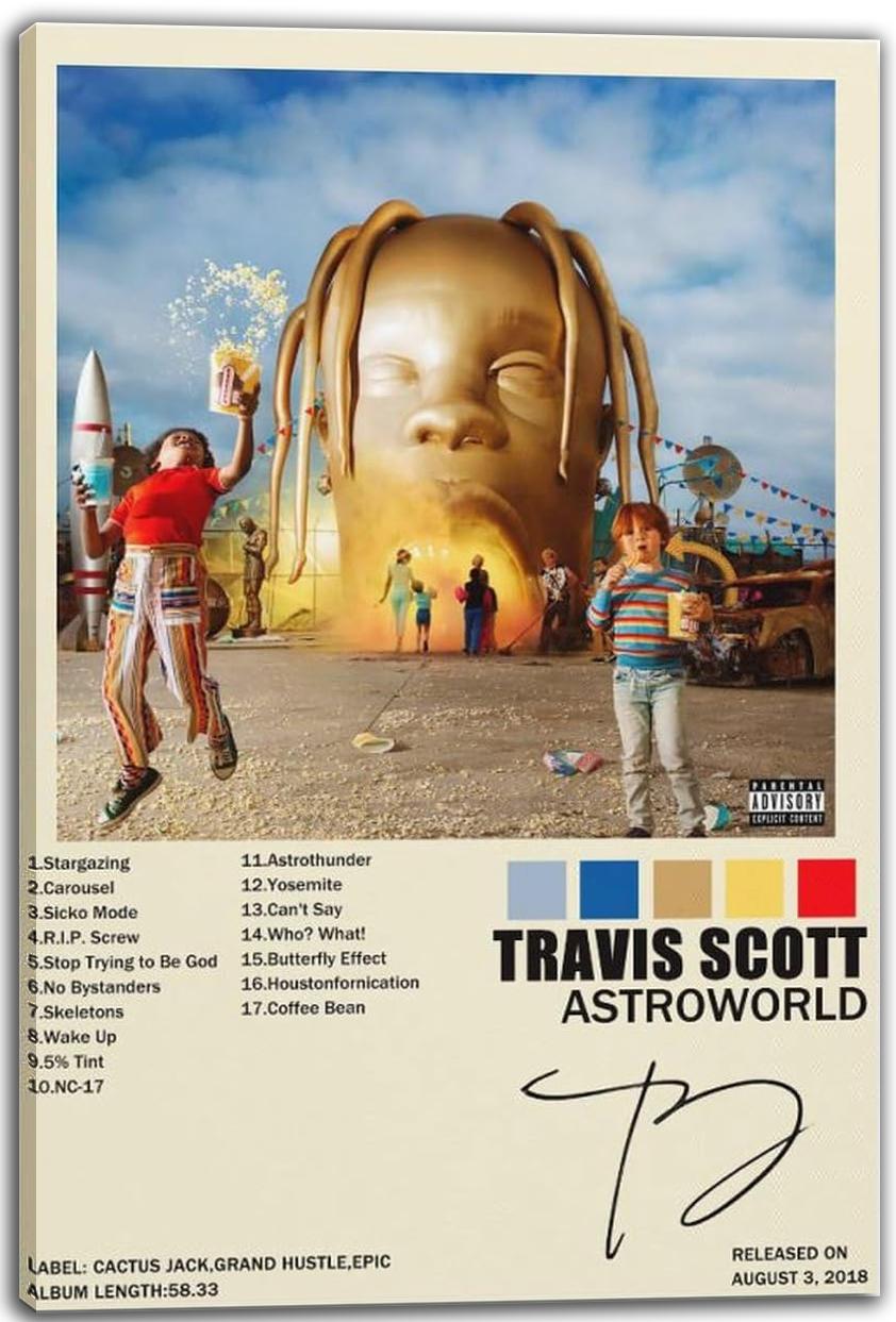 Travis Scott Astroworld wall art print featuring children before a giant golden head, carnival details, album text, and signature.