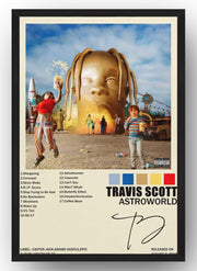 Framed Travis Scott Astroworld poster featuring the golden head carnival scene, colorful blocks, track list, and black frame.