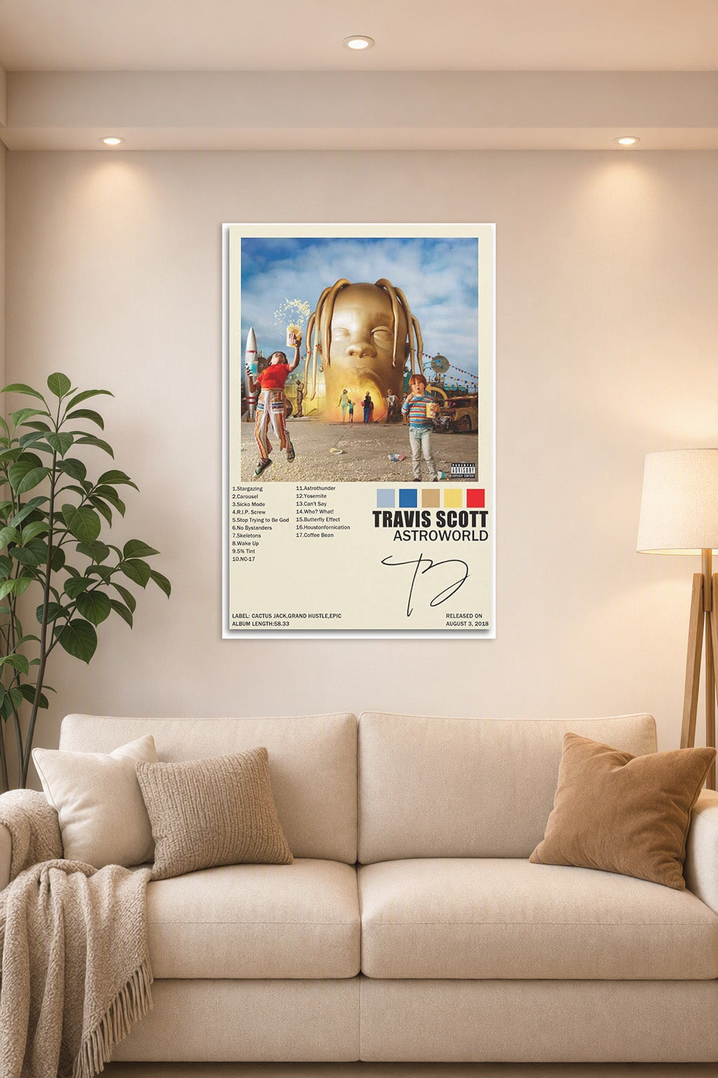Travis Scott Poster Astroworld Album Cover Painting in a bright living room above a beige sofa.