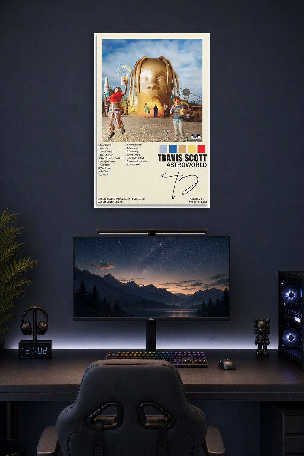 Travis Scott Poster Astroworld Album Cover Painting in a gaming desk setup above a monitor.