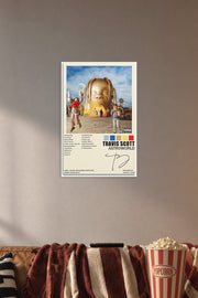 Travis Scott Poster Astroworld Album Cover Painting in a cozy movie room above a brown sofa with popcorn.