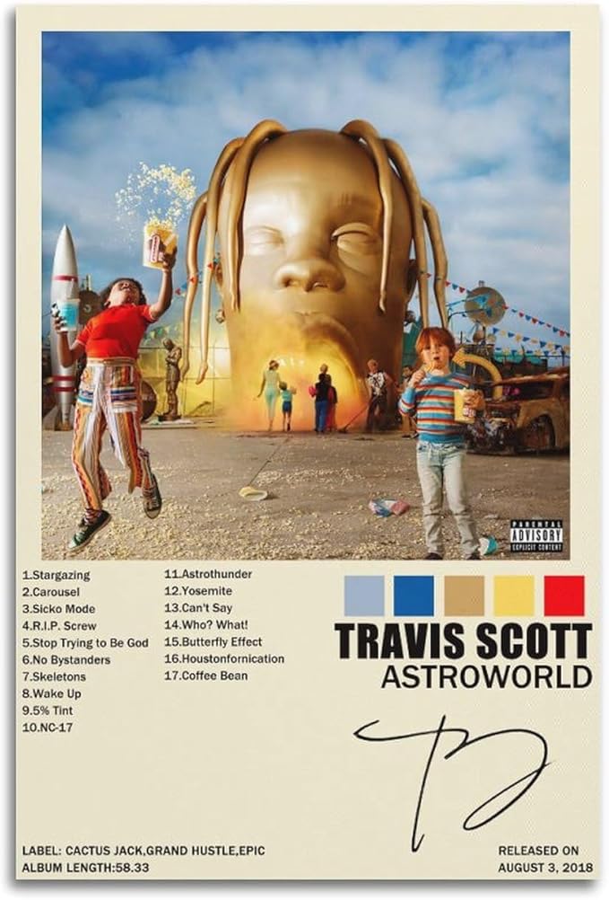Travis Scott Astroworld poster with a golden head amusement-park entrance, children, track list, and cream border.