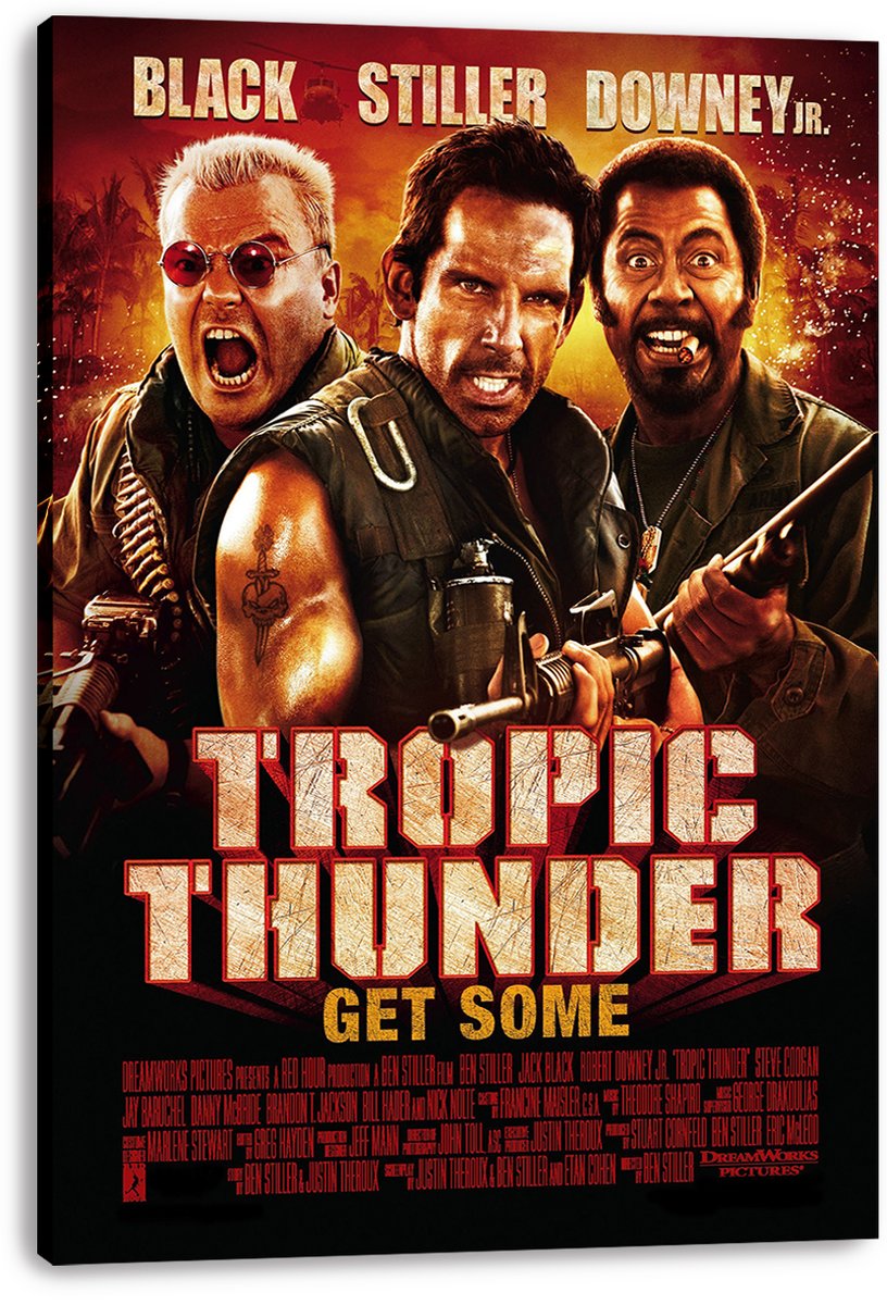 Tropic Thunder canvas wall art print displaying three armed men, fiery red-orange background, cast names, and large distressed title lettering.