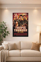 Tropic Thunder Movie Poster in a bright living room above a beige sofa.