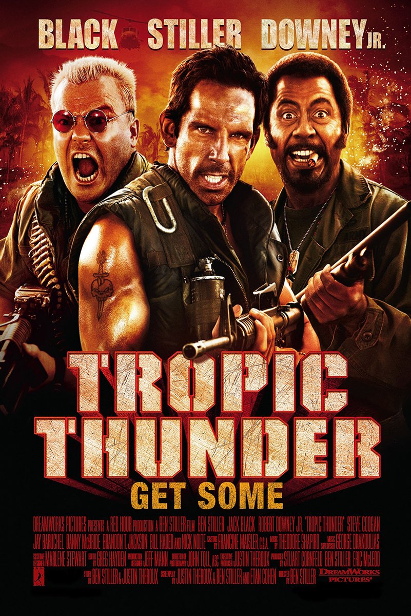 Tropic Thunder movie poster wall art print with three armed men against a fiery orange jungle backdrop and bold title text.