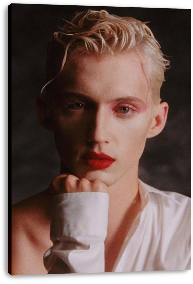 Troye Sivan canvas wall art print featuring a close portrait with blond hair, vivid red lips and a white shirt.