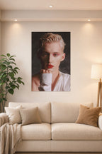 Troye Sivan in a bright living room above a beige sofa.