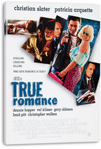 True Romance canvas wall art print displaying a character-photo collage, smiling couple, gun, pink suitcase, and blue title.