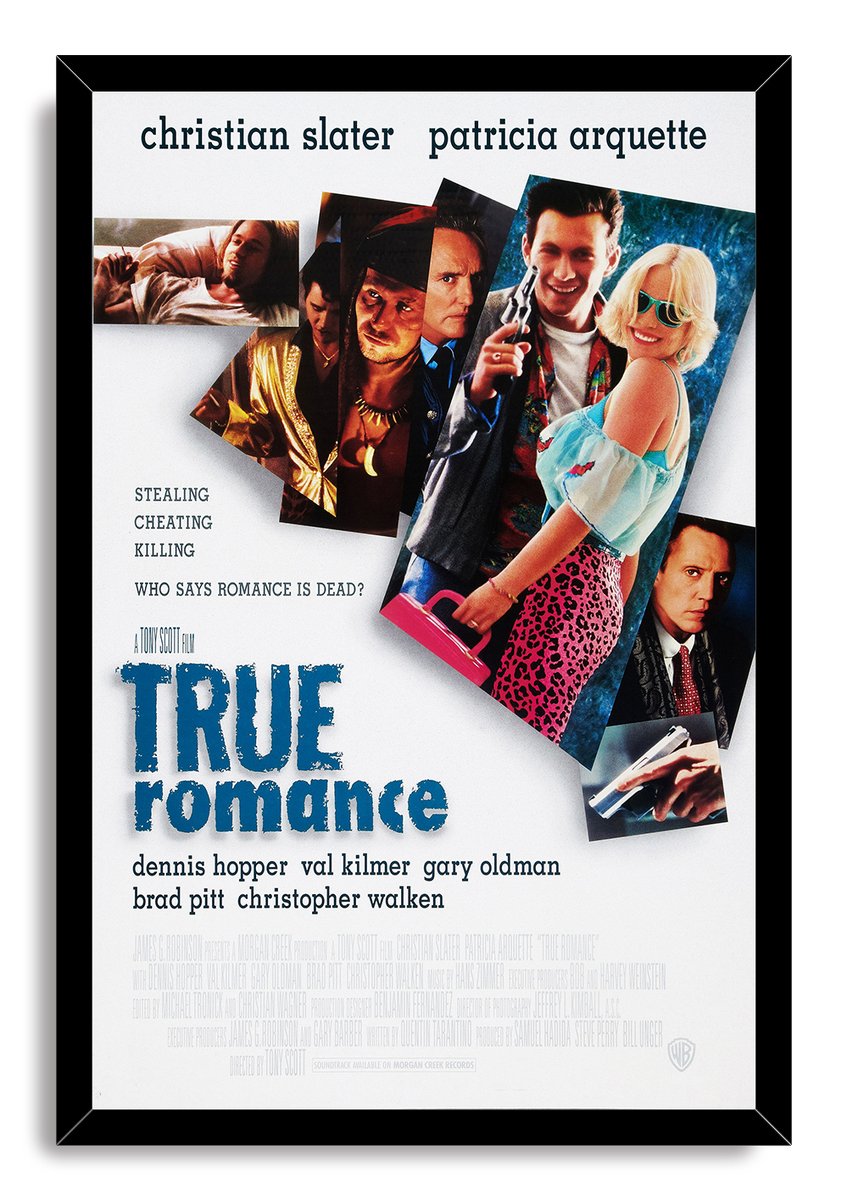 True Romance framed wall art print in a black frame, with Christian Slater, Patricia Arquette, cast portraits, and blue title text.