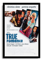 True Romance framed wall art print with black border, character collage, smiling couple, pink suitcase, gun, and blue title.