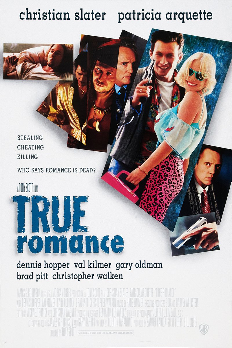 True Romance poster featuring Christian Slater with a gun and Patricia Arquette in sunglasses amid layered cast portraits.