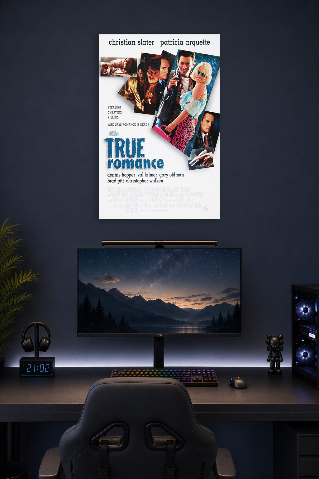 True Romance Movie Poster in a gaming desk setup above a monitor.