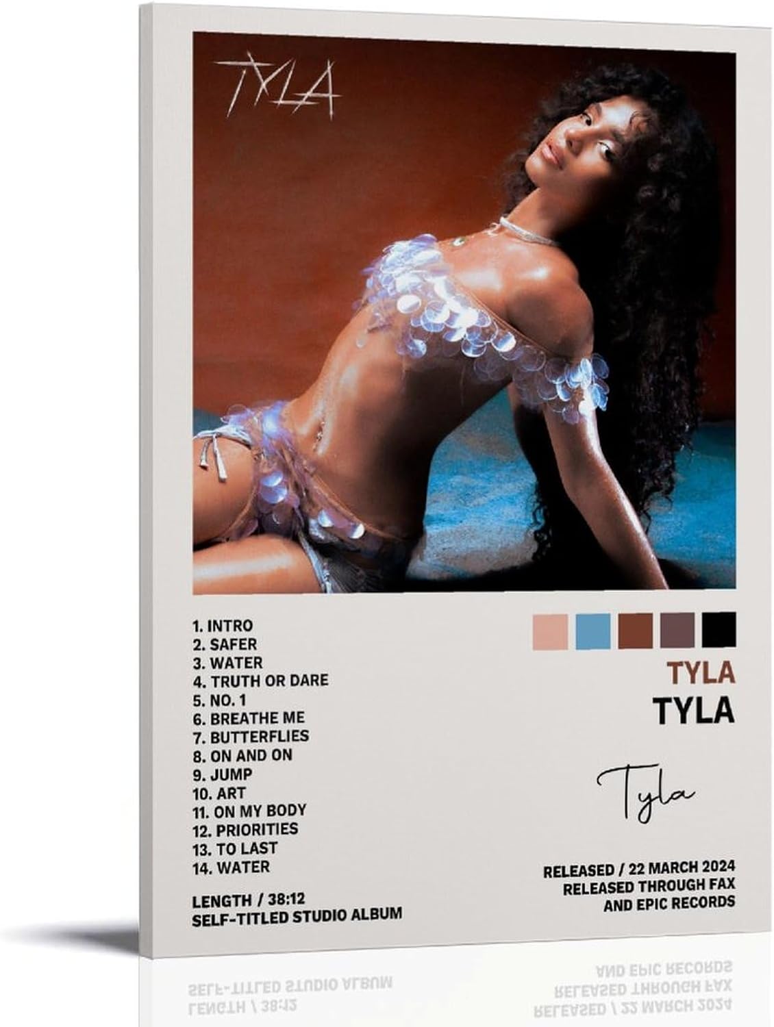 Tyla canvas wall art print displayed upright, featuring a reclining woman in iridescent lavender clothing and self-titled album text.