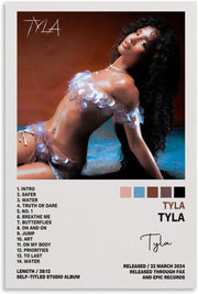 Tyla poster wall art print with a woman reclining in a shimmering lavender outfit, album track list, and brown-blue backdrop.
