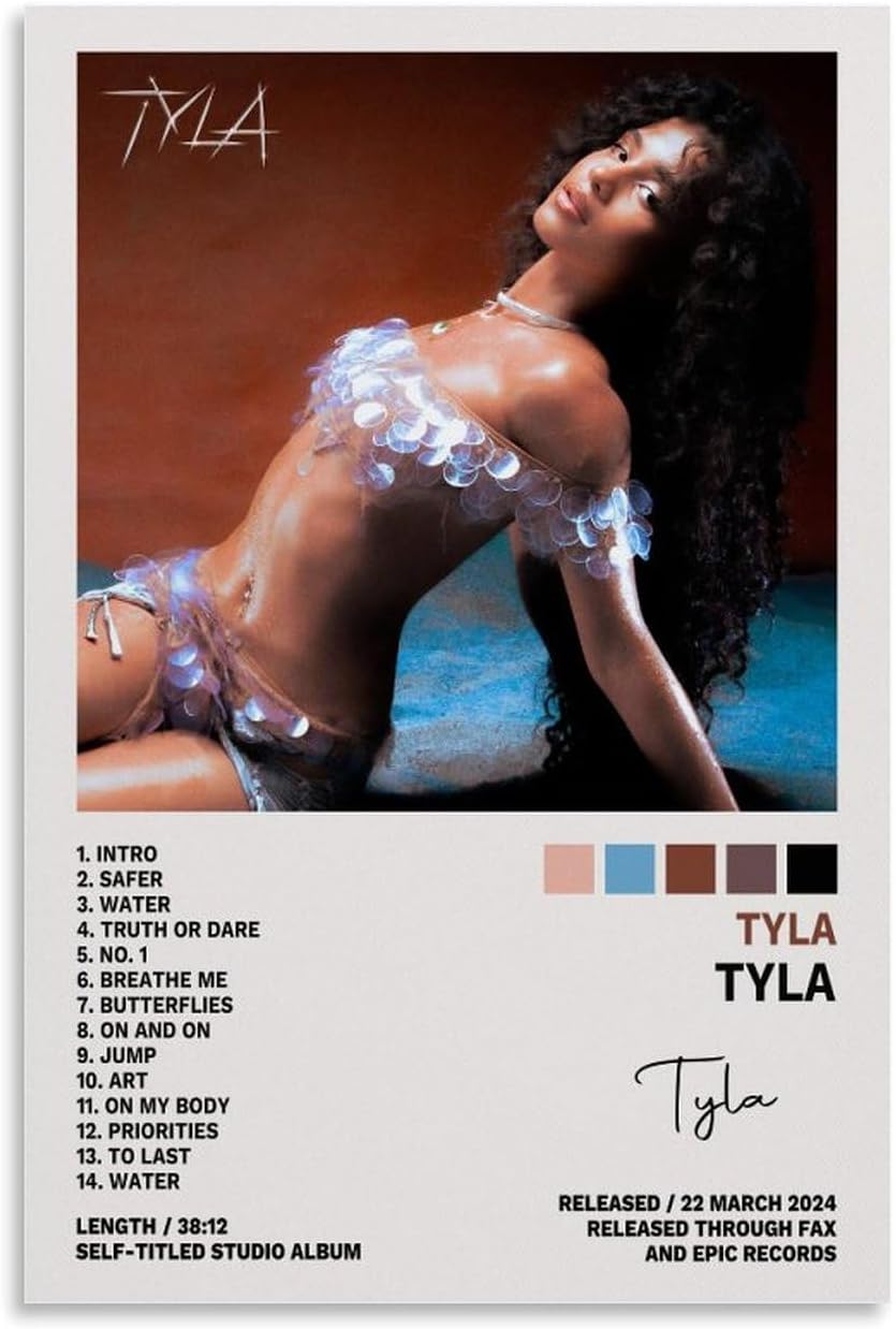 Tyla poster wall art print with a woman reclining in a shimmering lavender outfit, album track list, and brown-blue backdrop.