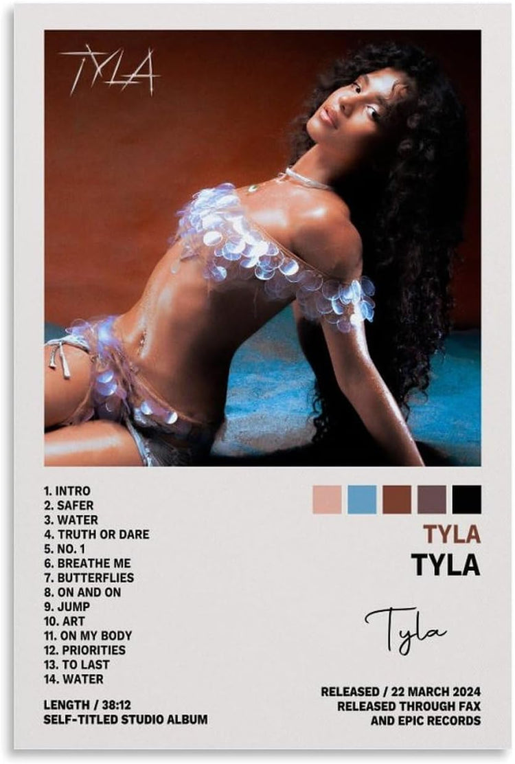 Tyla poster wall art print with a woman reclining in a shimmering lavender outfit, album track list, and brown-blue backdrop.
