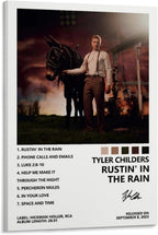Tyler Childers Rustin' in the Rain wall art print on stretched canvas, featuring a man holding a mule beside a porch at dusk.