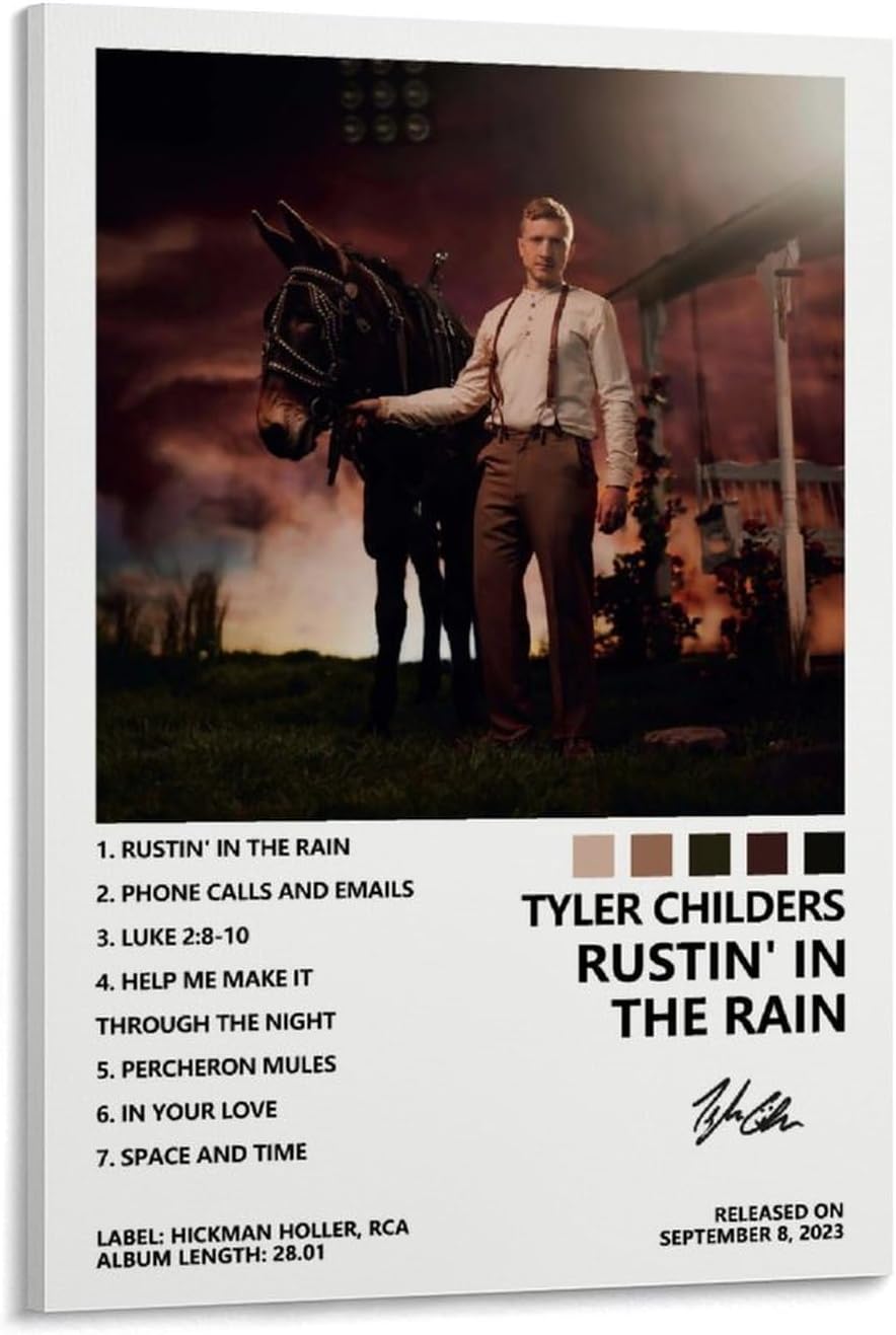 Tyler Childers Rustin' in the Rain wall art print on stretched canvas, featuring a man holding a mule beside a porch at dusk.