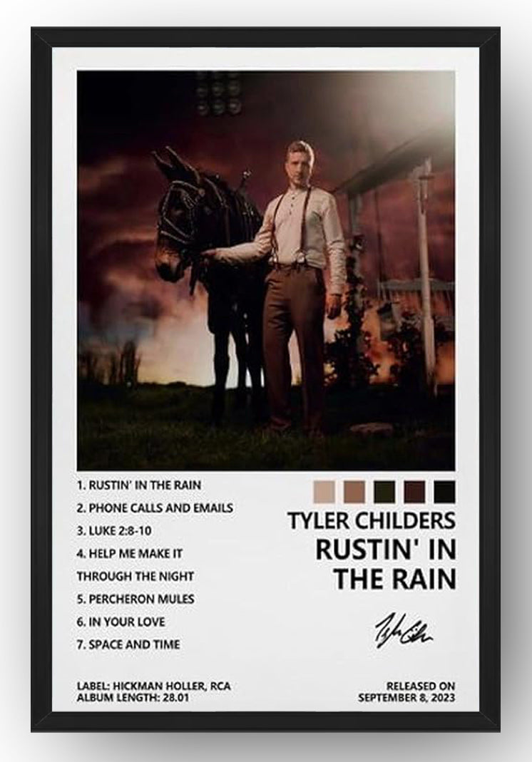 Tyler Childers Rustin' in the Rain framed wall art print with album cover scene, track list, color swatches, and black border.