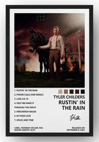 Tyler Childers Rustin' in the Rain framed wall art print with album cover scene, track list, color swatches, and black border.