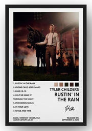 Tyler Childers Rustin' in the Rain framed wall art print with album cover scene, track list, color swatches, and black border.