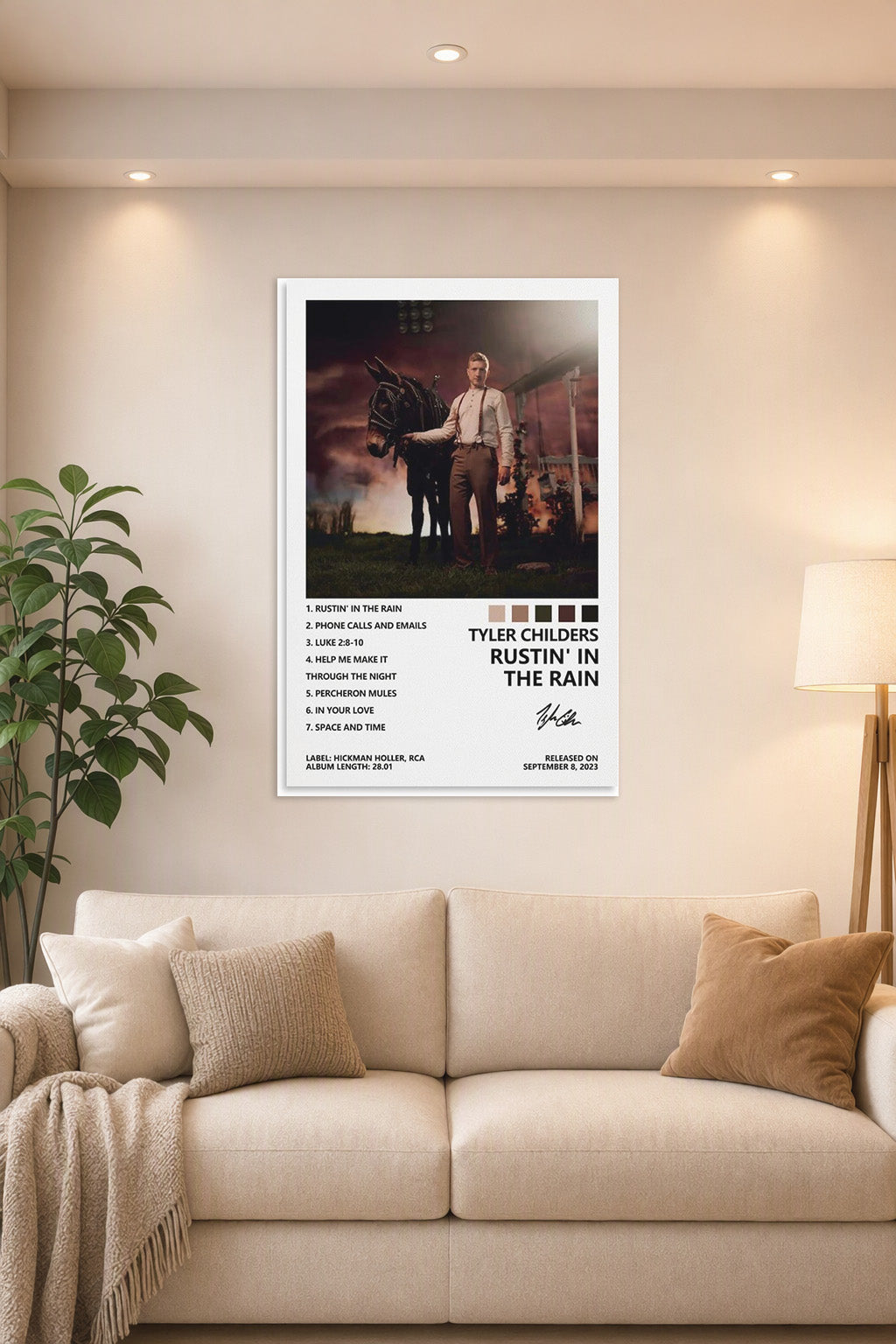Tyler Childers Poster Rustin' in The Rain Album Cover Poster Posters in a bright living room above a beige sofa.
