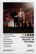 Tyler Childers Rustin' in the Rain poster paper print with a man beside a dark mule under a stormy red sky and track list.